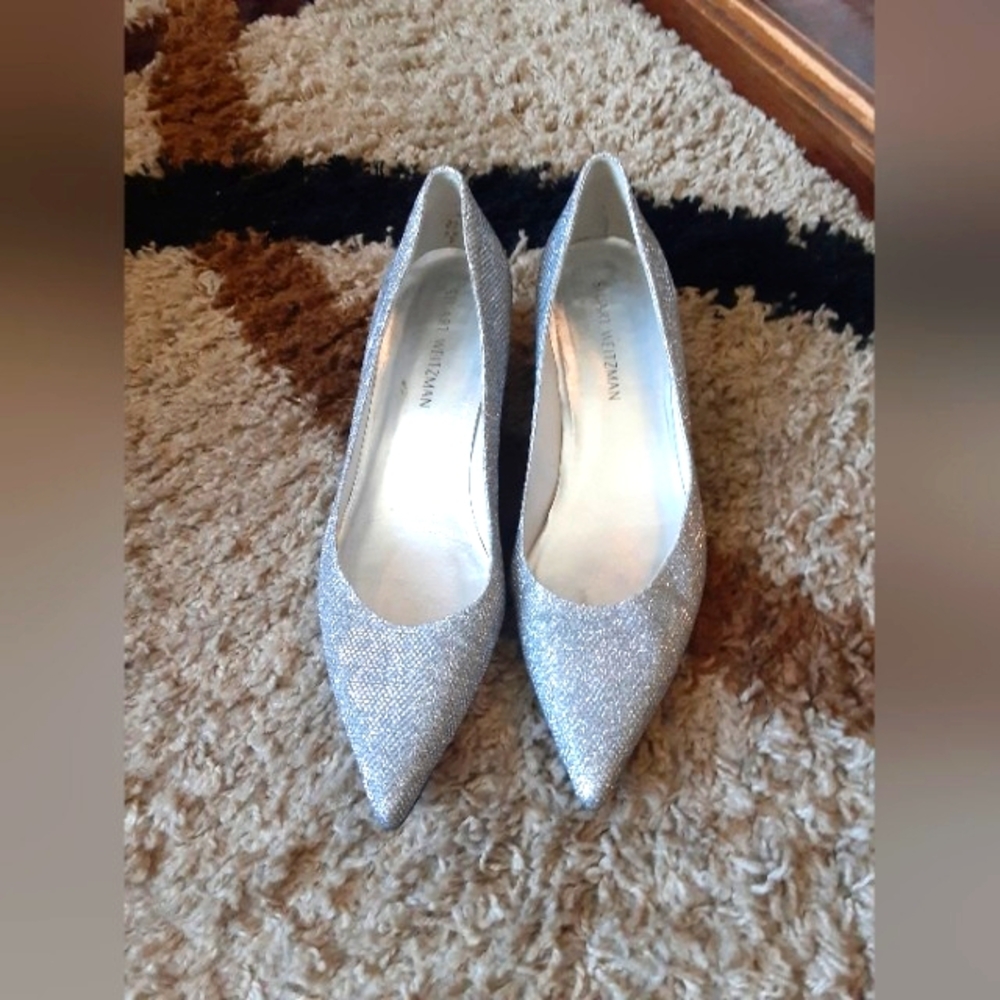 Stuart Weitzman Silver Glitter Kittwn Heels Metalic Women's Size 11M Party